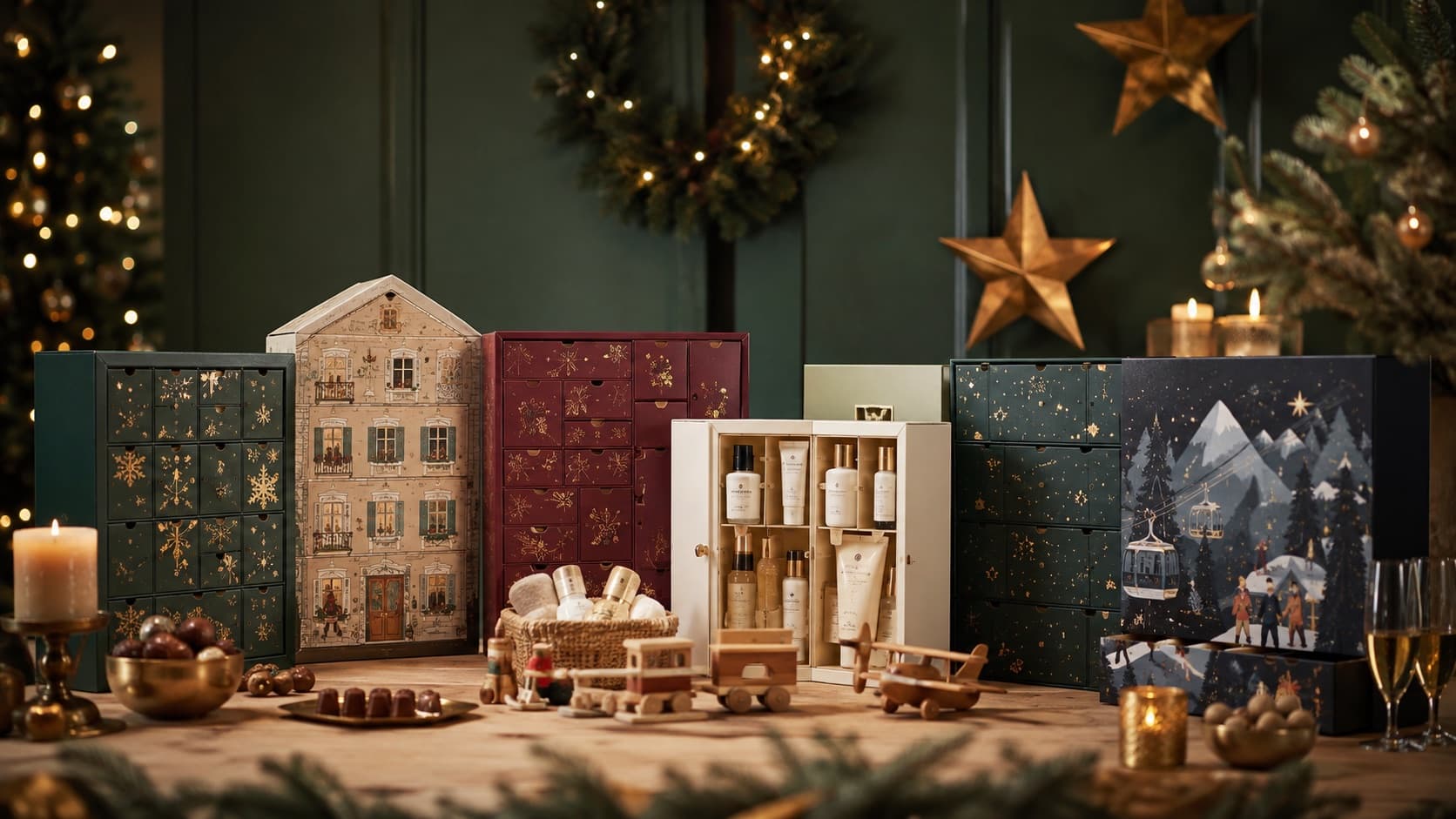 Verschiedene Adventskalender für unterschiedliche Interessen in einer festlichen Umgebung