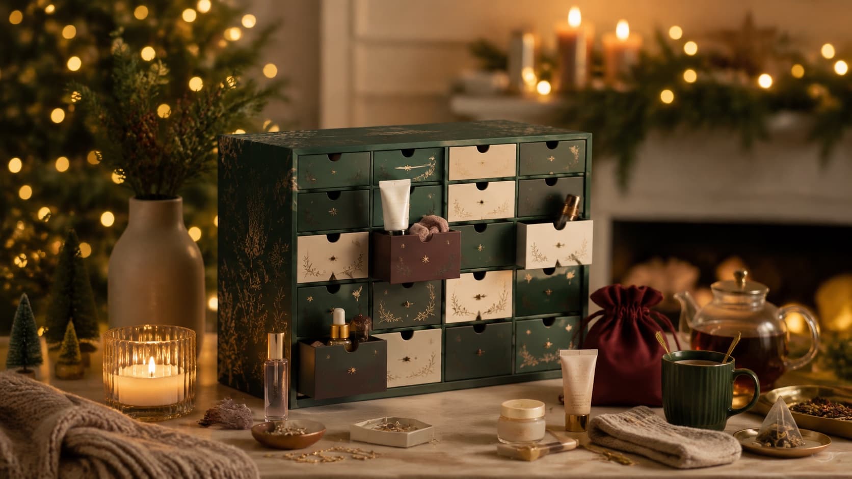 Adventskalender mit vielfältigen kleinen Geschenken und Genussartikeln