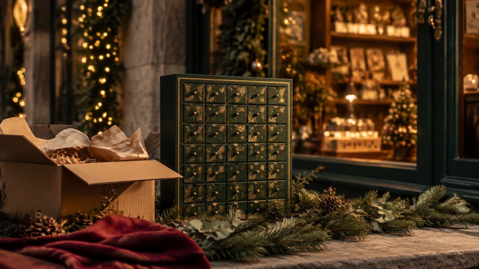 Adventskalender zwischen Versandkarton und festlichem Geschäft