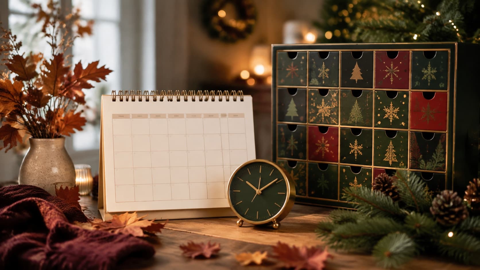 Adventskalender zwischen herbstlichen und weihnachtlichen Elementen