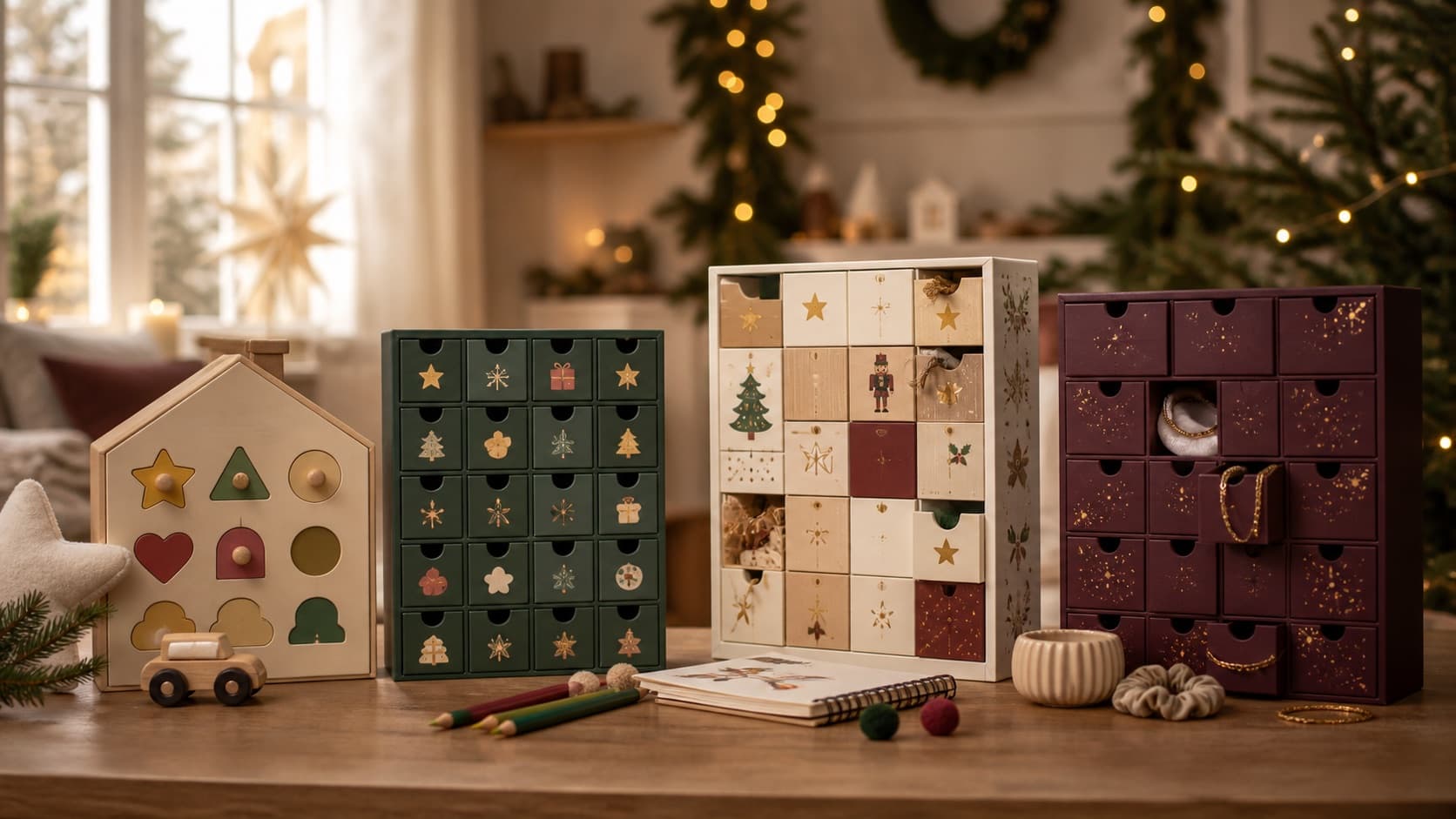 Mehrere altersgerechte Adventskalender mit Spiel- und Kreativmaterial