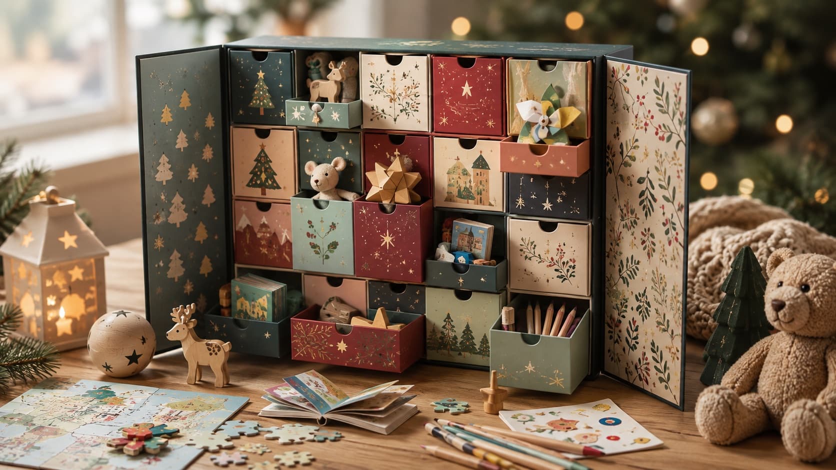 Selbst zusammengestellter Adventskalender mit kleinen Geschenken und Bastelmaterial