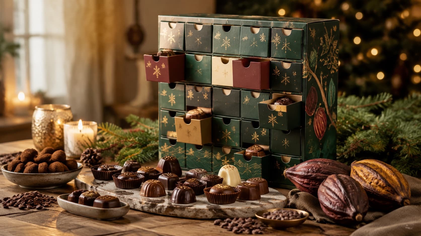 Schokoladen-Adventskalender mit verschiedenen Pralinen und Kakaofrüchten