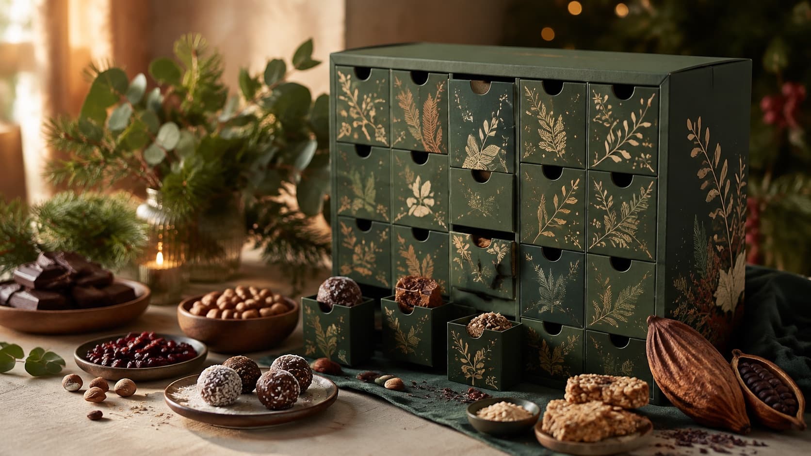 Pflanzenbasierter Adventskalender mit natürlichen Zutaten und wiederverwendbarer Gestaltung