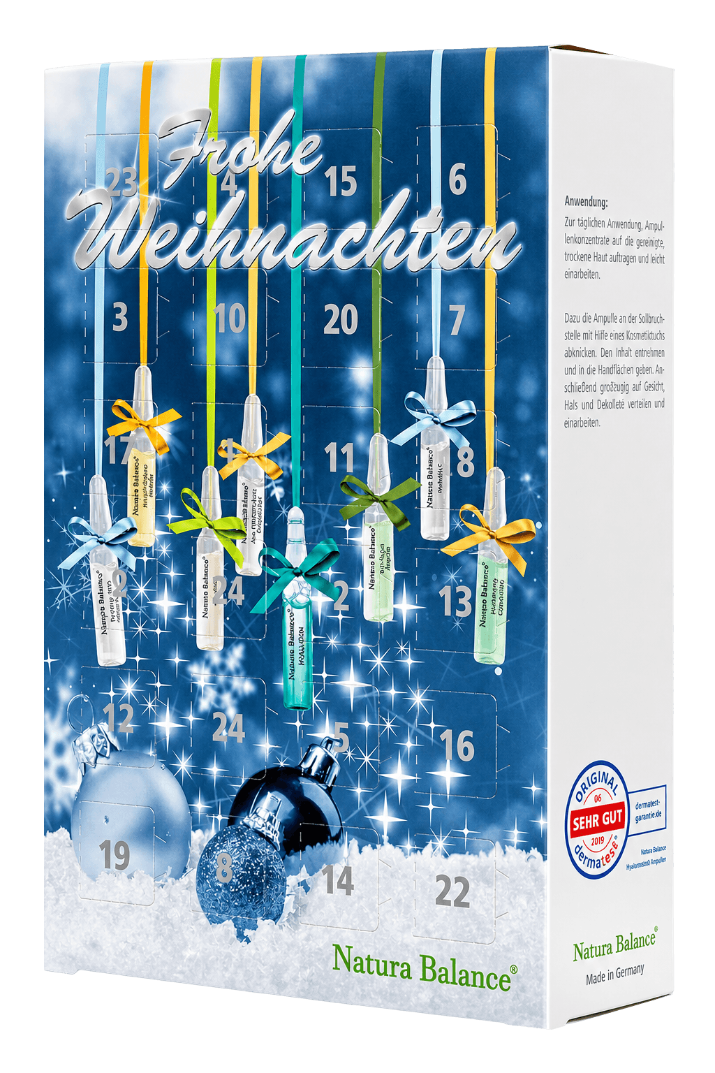 Freigestellte KI-Rekonstruktion des geprüften Amazon-Produkts Adventskalender 2026 Beauty Kosmetik 24 Ampullen Hyaluron Frauen Damen Pflege 8 Sorten Serum Kalender Hyaluronsäure Collagen Vitamin C Geschenk Geschenkset
