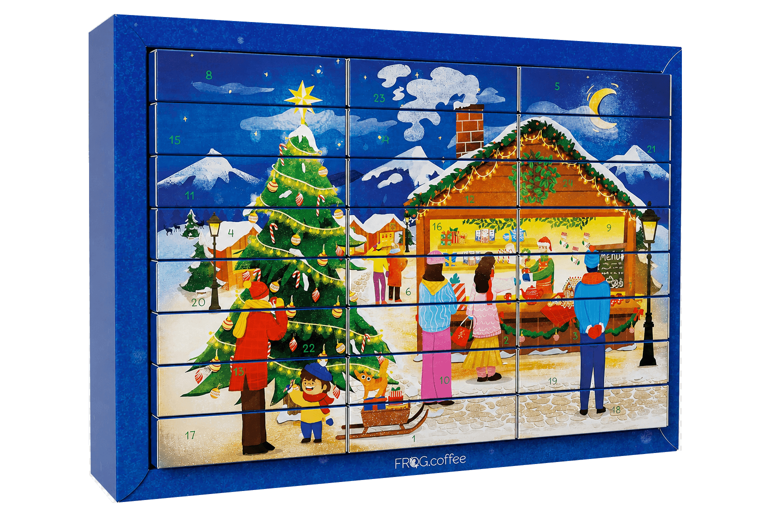 Freigestellte KI-Rekonstruktion des geprüften Amazon-Produkts Tee-Adventskalender von FROG.coffee | 24 Tage Tee-Genuss mit 48 Teebeuteln in 24 verschiedenen Sorten von Top Marken wie Meßmer, Niederegger, Sonnentor, Teekanne, Bad Heilbrunner uvm | 2-in-1-Design