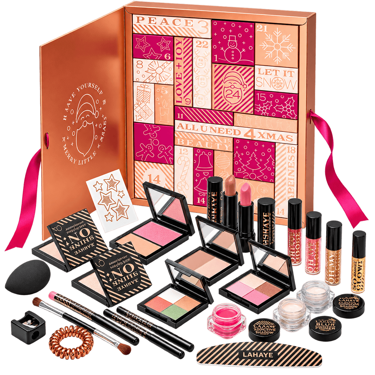 Freigestellte KI-Rekonstruktion des geprüften Amazon-Produkts Beauty Adventskalender 2025 | Weihnachtskalender für Frauen, Teenager | "All you Need" - 24 hochwertige und einzeln verpackte Makeup und Kosmetik, Überraschungen für Weihnachten, Geschenkset, LAHAYE