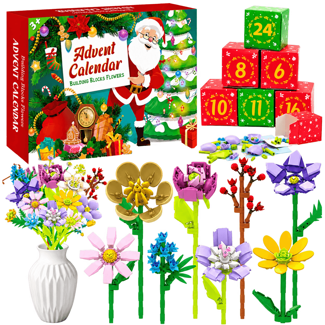 Freigestellte KI-Rekonstruktion des geprüften Amazon-Produkts Blumen Adventskalender 2026 für Frauen – 24 Tage Bauset
