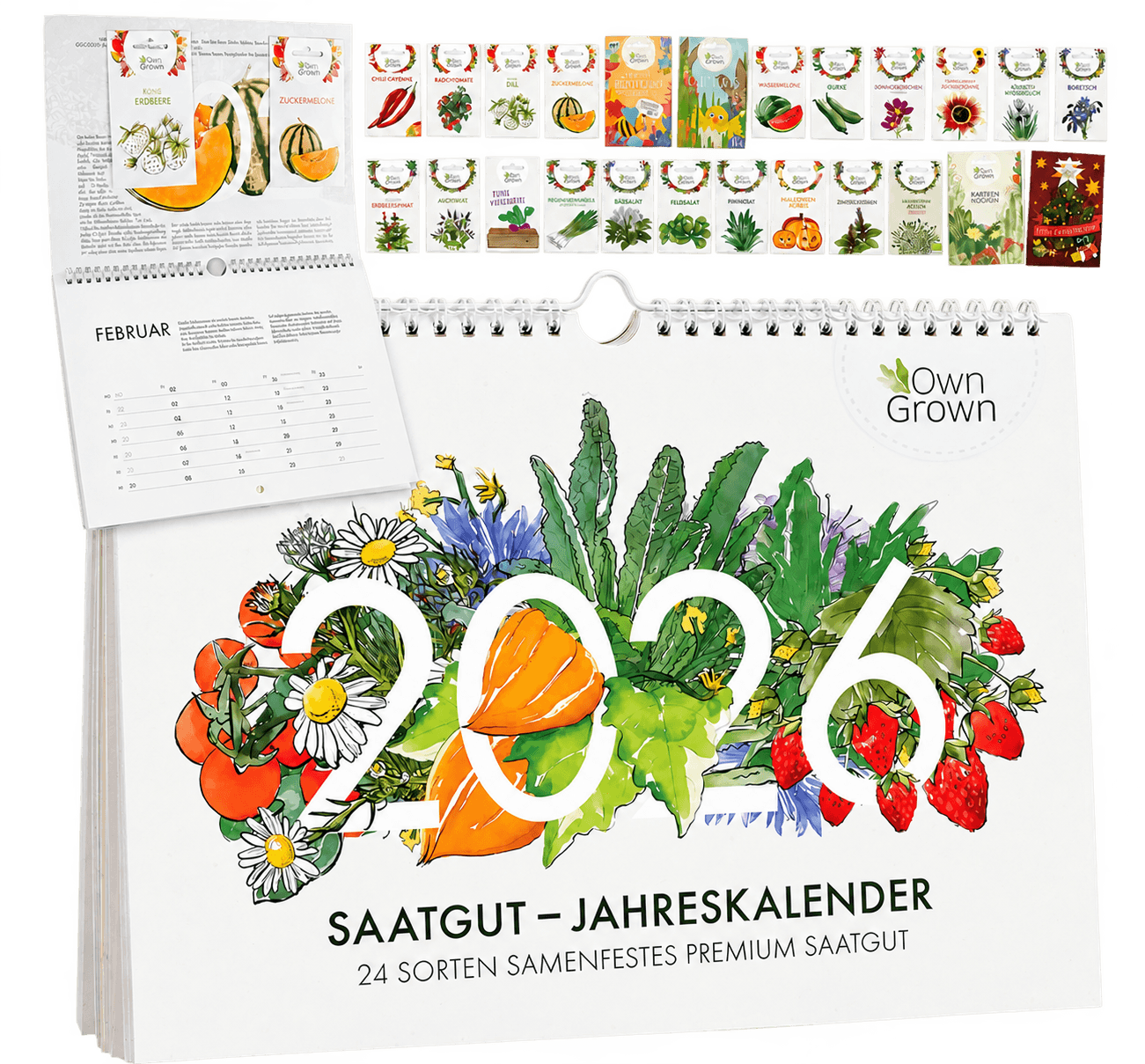 Freigestellte KI-Rekonstruktion des geprüften Amazon-Produkts OwnGrown Saatgut Kalender 2026 Wandkalender A4 - Gartenkalender mit 24 Sorten Samen - Monatskalender für Kräuter, Gemüse, Obst, Blumen - Adventskalender 2026 Frauen und Männer