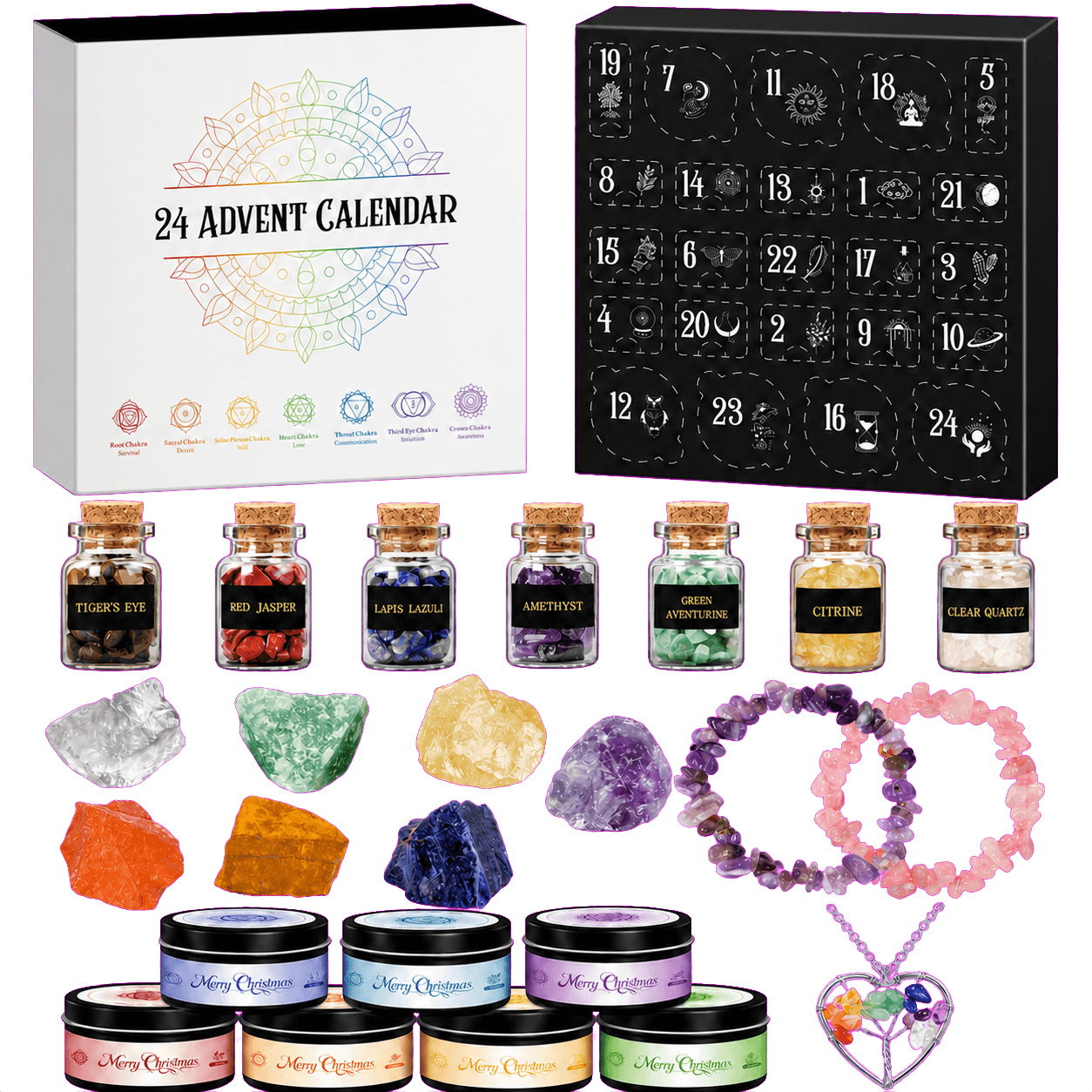 Freigestellte KI-Rekonstruktion des geprüften Amazon-Produkts Adventskalender Kerzen 2026 mit Kristalle Edelsteine,Duftkerze Geschenkset für Frauen,Spirituelle Weihnachtskalender mit Chakra Heilsteine,Yoga Meditation Deko,Esoterik Geschenke für Erwachsene Damen