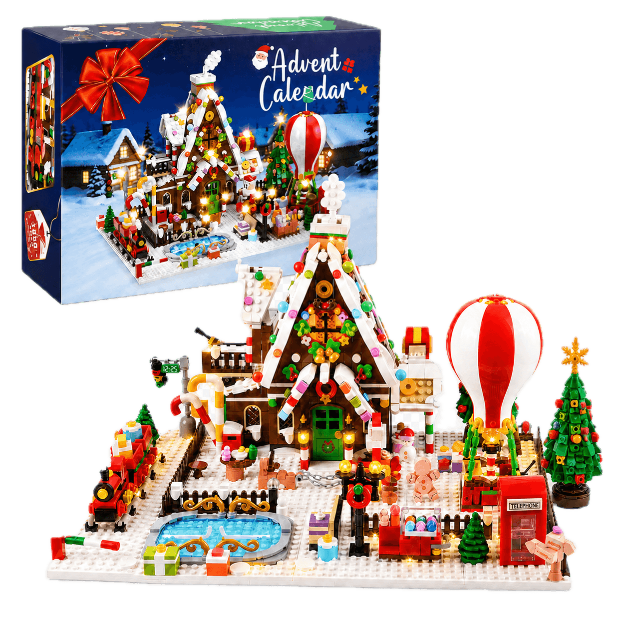 Freigestellte KI-Rekonstruktion des geprüften Amazon-Produkts Adventskalender 2026 Gingerbread House Mini Gebäude Set mit Licht, 24 Tage Countdown Weihnachtsdorf Hauptstraße Bausatz mit Weihnachtsbaum Zug, Heißluftballon, Geschenkspielzeug für Erwachsene Kinder