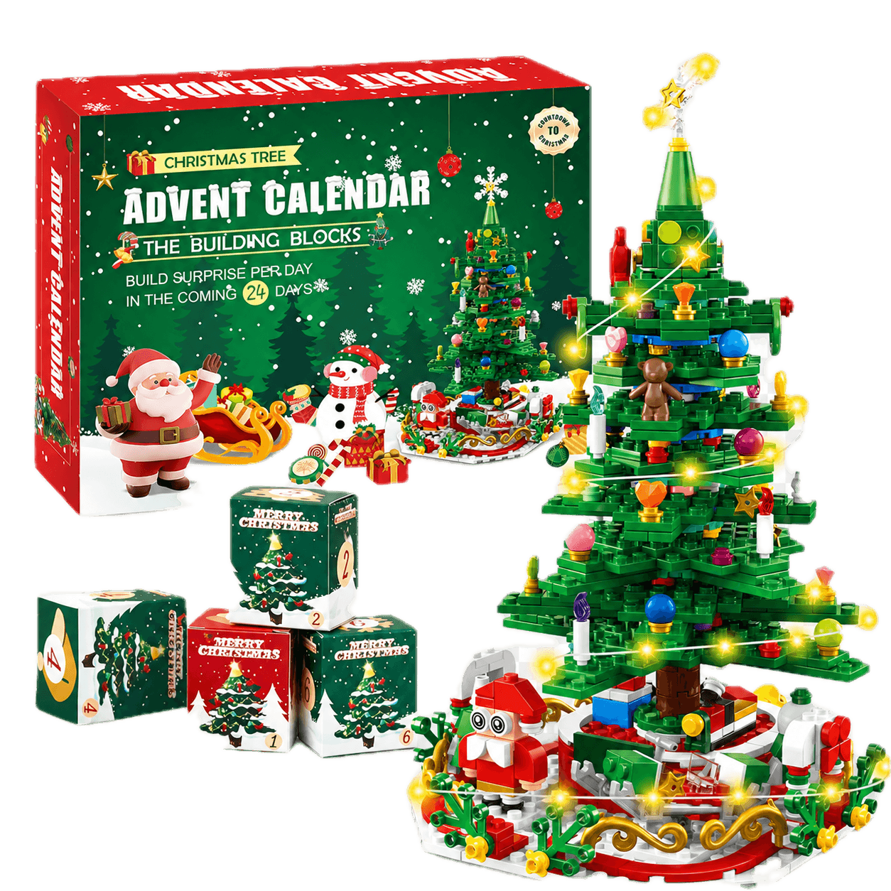Freigestellte KI-Rekonstruktion des geprüften Amazon-Produkts Adventskalender 2026 Kinder für Weihnachtsbaum Bauspielzeug,Mini-Bausteine Weihnachts Countdown 24 in 1 Blocks Spielzeug 701 Pcs,Weihnachts Geschenk für Erwachsene Jungen und Mädchen