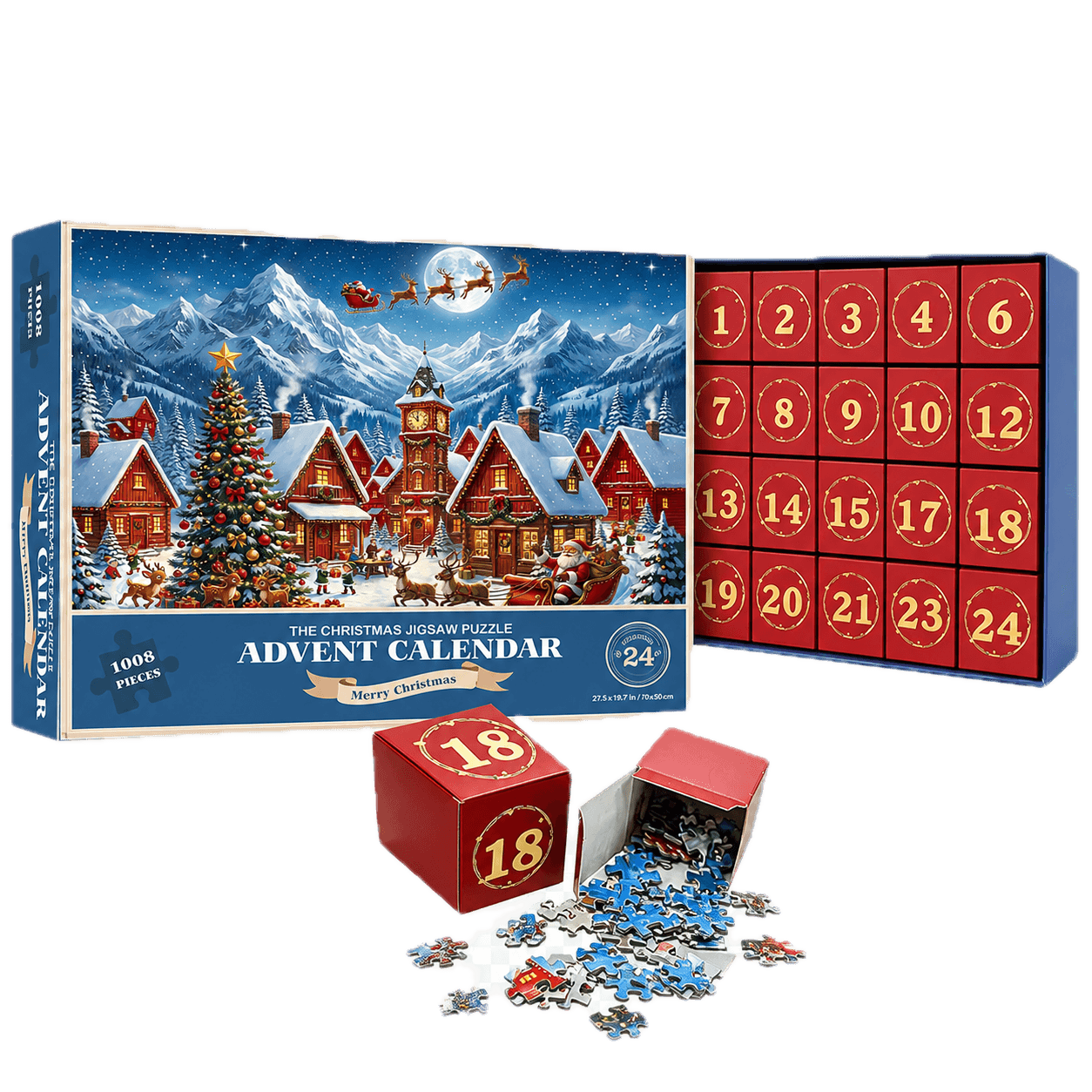 Freigestellte KI-Rekonstruktion des geprüften Amazon-Produkts Adventskalender 2026 Puzzle Kinder – 1008 Teile, 70 x 50 cm, 24 Tage Weihnachts-Countdown mit Überraschungen, Weihnachts-Countdown-Kalender, Weihnachts geschenk für Jungen Mädchen und Erwachsene